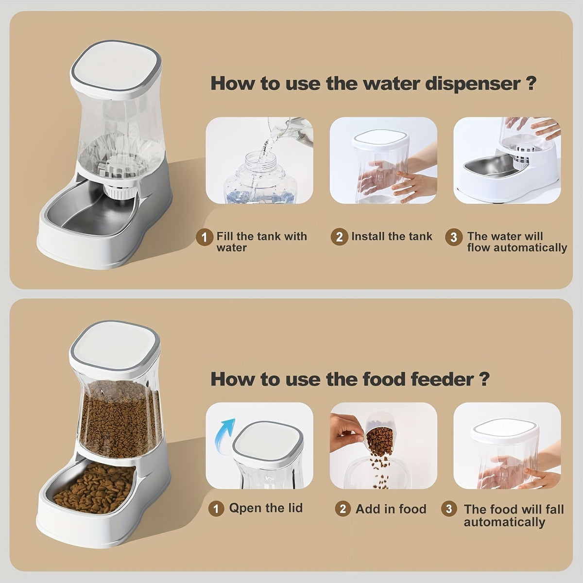 Dog Feeder and Water Dispenser Set, 2 x 1 Gallon Gravity-Fed Containers with Stainless Steel Bowls and Filter for Cats and Small to Medium Dogs