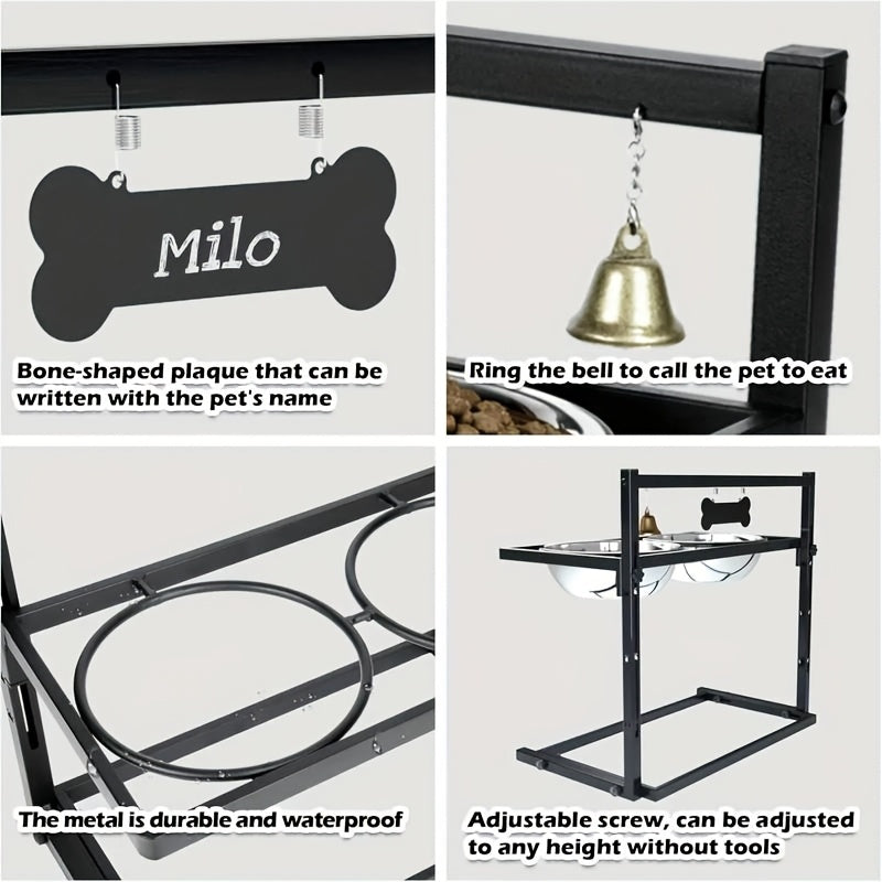 Adjustable Elevated Dog Bowl Stand for Small and Medium Dogs, Black Metal Raised Feeding Station with Two Stainless Steel Food and Water Bowls