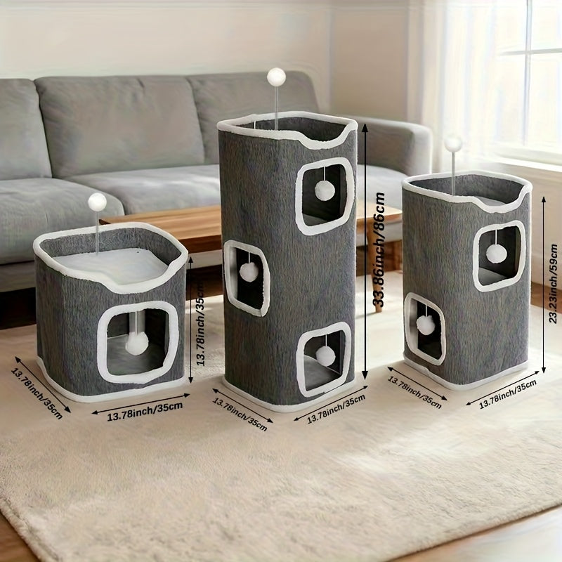 Cat Condo Tower with Foldable Design, Gray Indoor Cat Hideaway with Top Lounge, Detachable Panels and Scratching Surface, DC 13IN or 23IN-M Options