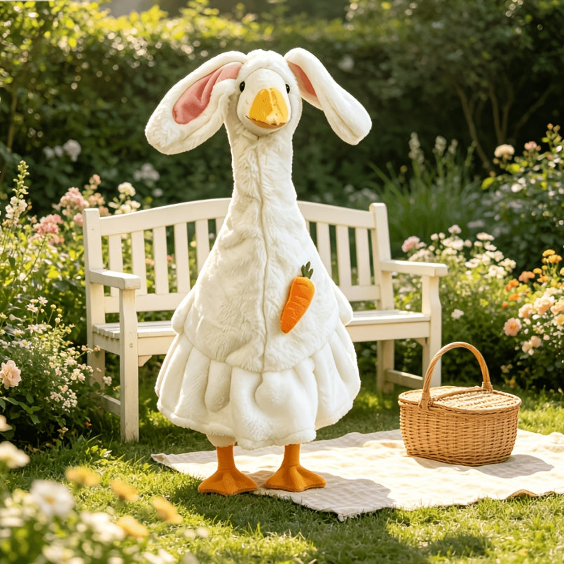 Easter Porch Goose Outfit for 23-Inch Decorative Goose Displays, Plush White Rabbit Costume Set for Spring Entryway, Porch and Garden Decor