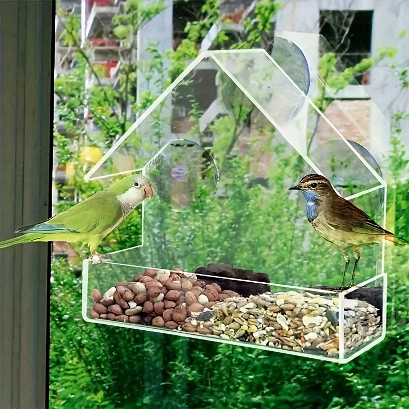 Clear Acrylic Window Bird Feeder with House-Shaped Seed Tray and Suction Cup Mount, Transparent Feeder for At-Home Bird Watching