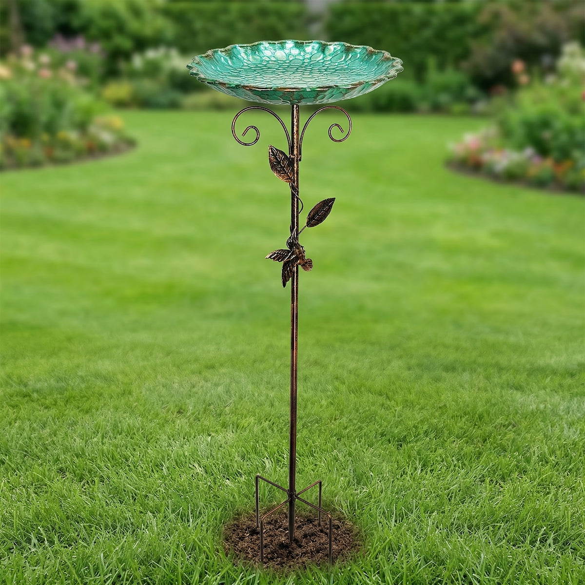 Metal Bird Bath with Bird and Leaf Decoration, 30-Inch Tall Outdoor Garden Water Basin for Yard and Patio Decor, Easy Installation and Cleaning