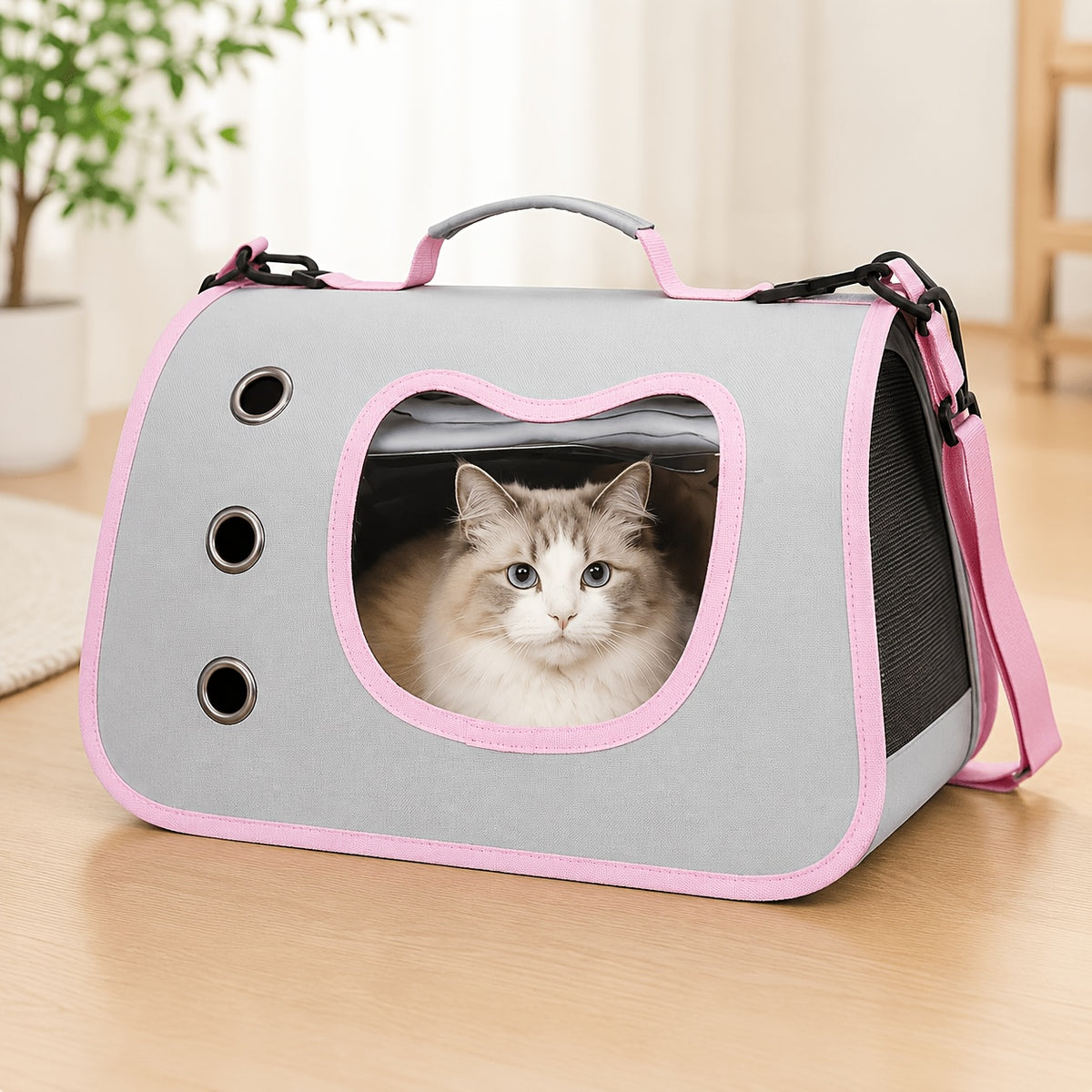 Cat Carrier with Cat-Face Viewing Window, Foldable Pet Travel Bag with Mesh Ventilation and Adjustable Shoulder Strap for Kittens and Small Dogs