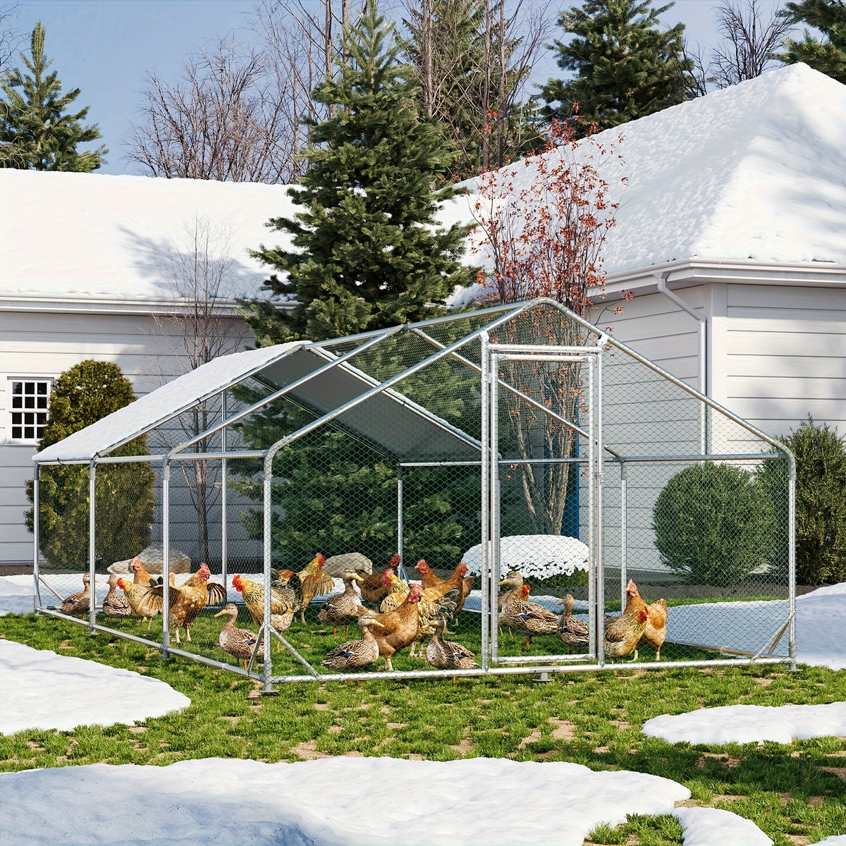 Chicken Coop with Winter Wrap Cover, Walk-In Galvanized Metal Poultry Run with Lockable Door for Backyard Hens and Ducks, White Size Options
