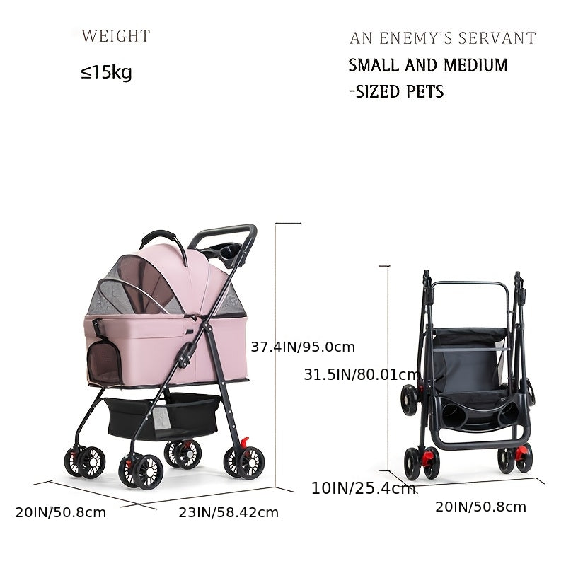 Pet Stroller with Detachable Carrier for Small and Medium Dogs and Cats, 3-in-1 Travel Pushchair for Everyday Outings in Grey, Black or Pink