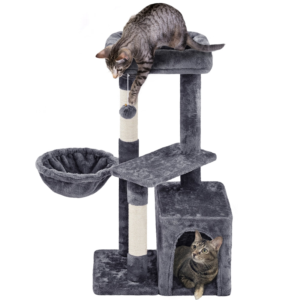 Cat Tree 34.5 Inch with Condo and Basket, Plush Indoor Cat Tower with Nest, Platform, Three Sisal Scratching Posts and Scratching Board in Five Colors