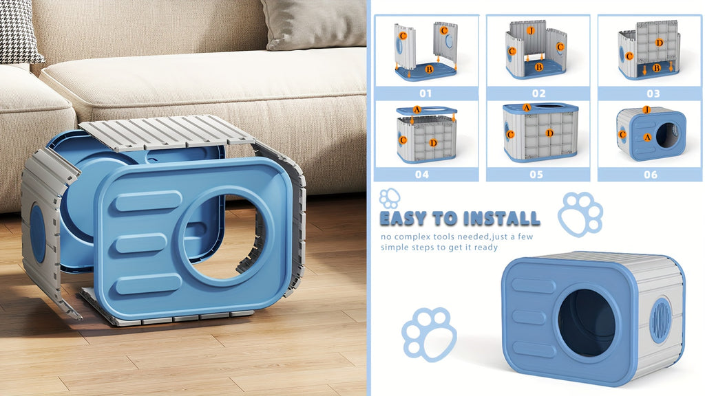 Blue Resin Cat House for Indoor and Outdoor Use, Easy-to-Assemble and Easy-to-Clean Pet Resting Shelter, 20.83 x 14.21 x 15.91 Inches