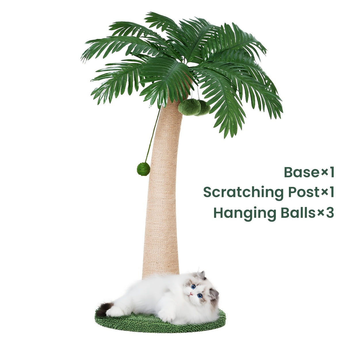 Coconut Tree Cat Scratching Post 43 Inch, Tall Sisal Scratcher with Three Hanging Pom-Pom Toys and Soft Fabric Round Base for Indoor Cats