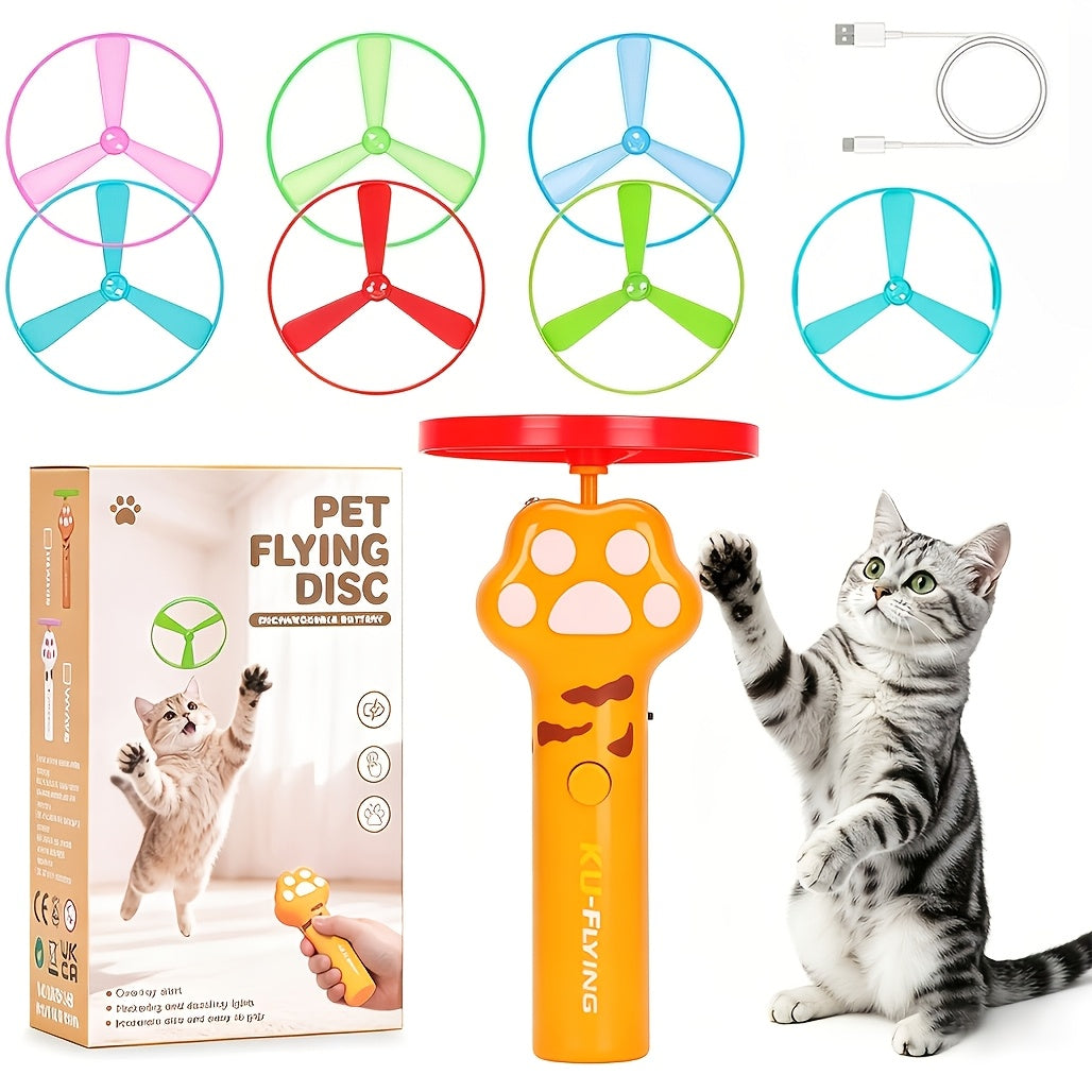UFO Flying Disc Cat Toy with 7 Flying Saucers, Electric Interactive Cat Wand for Supervised Kitten Chase Games and Indoor or Outdoor Play