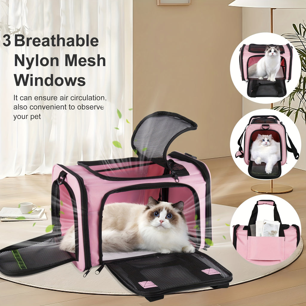 Cat Travel Carrier with Mesh Windows, Collapsible Soft-Sided Pet Bag for Cats and Small Dogs Under 15 lbs, Shoulder Strap and Padded Carry Handle