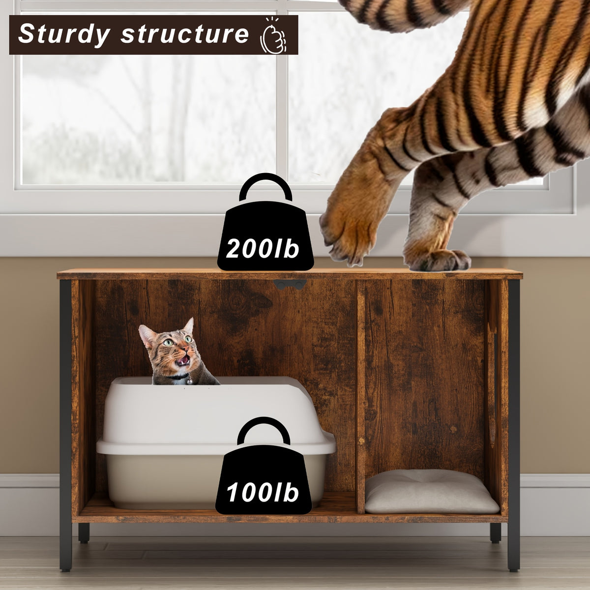 Cat Litter Box Enclosure with Removable Divider, Retro Brown Hidden Litter Furniture and Cat Hideout End Table for Pet Supply Storage