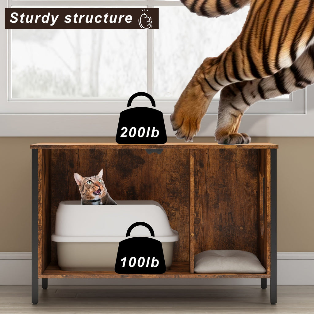 Cat Litter Box Enclosure with Removable Divider, Retro Brown Hidden Litter Furniture and Cat Hideout End Table for Pet Supply Storage