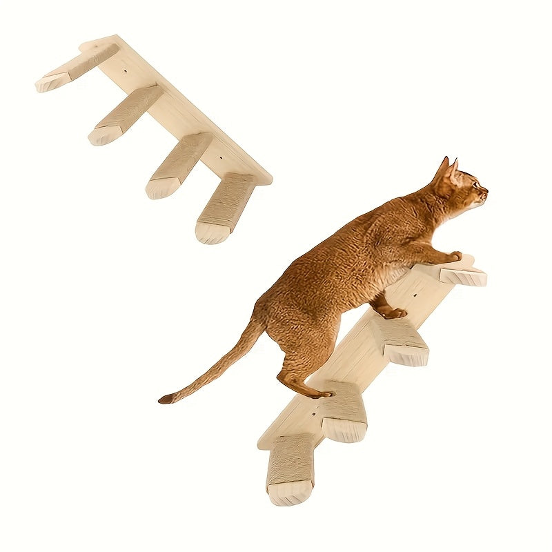 Cat Wall Stairs with Four Rope-Wrapped Steps, Solid Wood Wall-Mounted Climbing Ladder for Indoor Cat Routes and Space-Saving Furniture Layouts