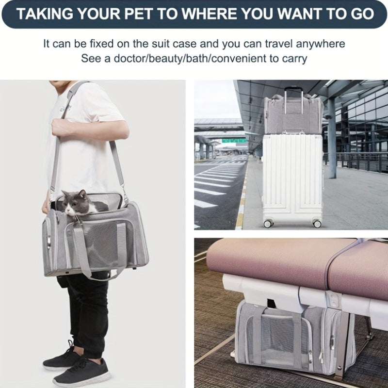Large Foldable Cat Carrier for Cats and Puppies up to 25 lbs, Soft-Sided Pet Travel Cage in Grey or Black for Vet Visits and Everyday Trips
