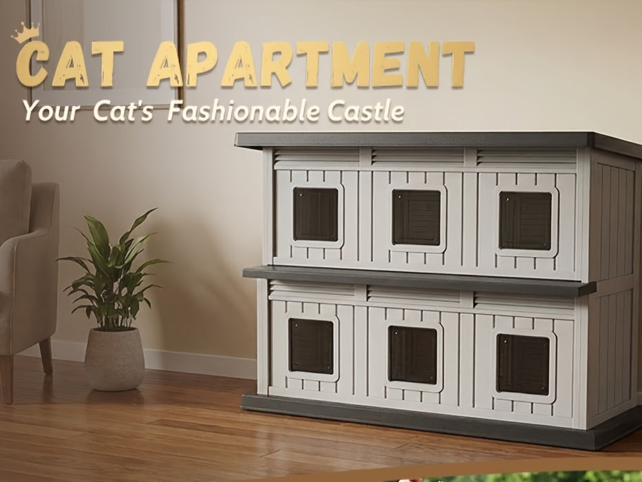 Two-Story Cat House with Multiple Small Windows, Double-Layer Cat Apartment and Resting Shelter for Stray Cats, Blue or Black Color Options