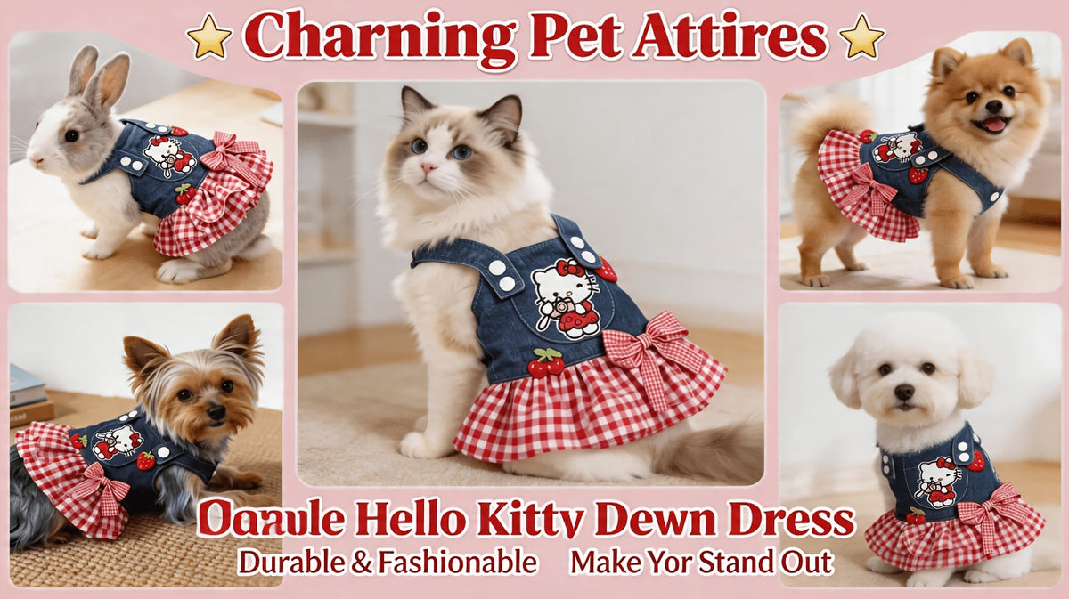 Denim Plaid Dog Dress for Small Dogs and Cats, Red Checkered Bow and Strawberry Appliques, Pleated Pet Party Outfit in XS to XL