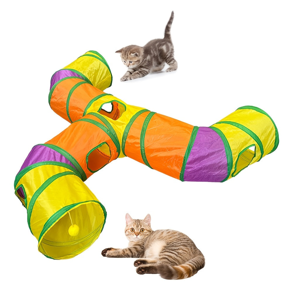T-Shaped Cat Tunnel with Hanging Ball, Collapsible Polyester Play Tube with Multiple Entrances for Indoor Cat Hide-and-Seek and Daily Exploration