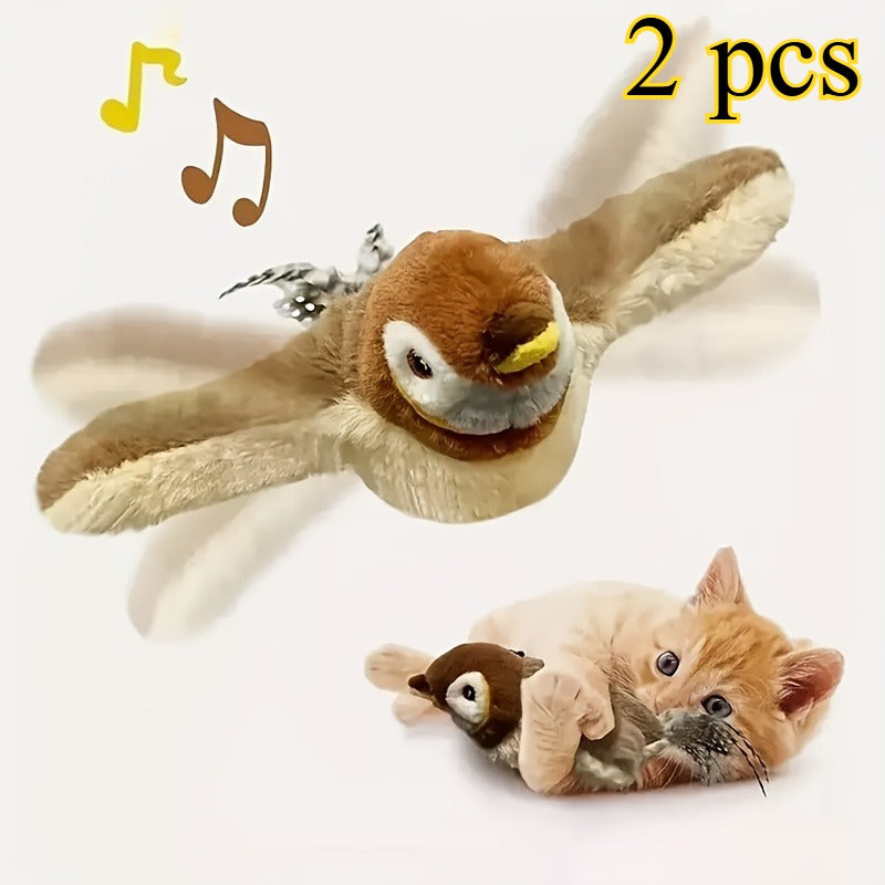 Flapping Sparrow Cat Toy 2-Pack with Chirping Sounds and Touch-Activated Motion, Soft Bird Toys for Supervised Kitten and Indoor Cat Play