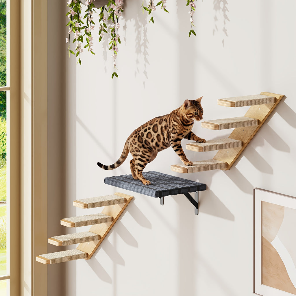 Wall Mounted Cat Steps and Hammock, 2 or 3 Piece Wooden Cat Wall Furniture with Felt Padding for Indoor Climbing, Scratching and Resting