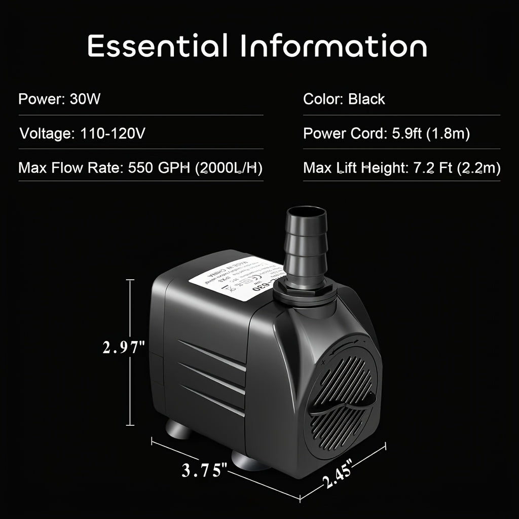 Submersible Water Pump 30W with 3 Nozzle Adapters, Adjustable Flow Black Aquarium and Fountain Pump for Fish Tanks, Ponds and Hydroponic Setups