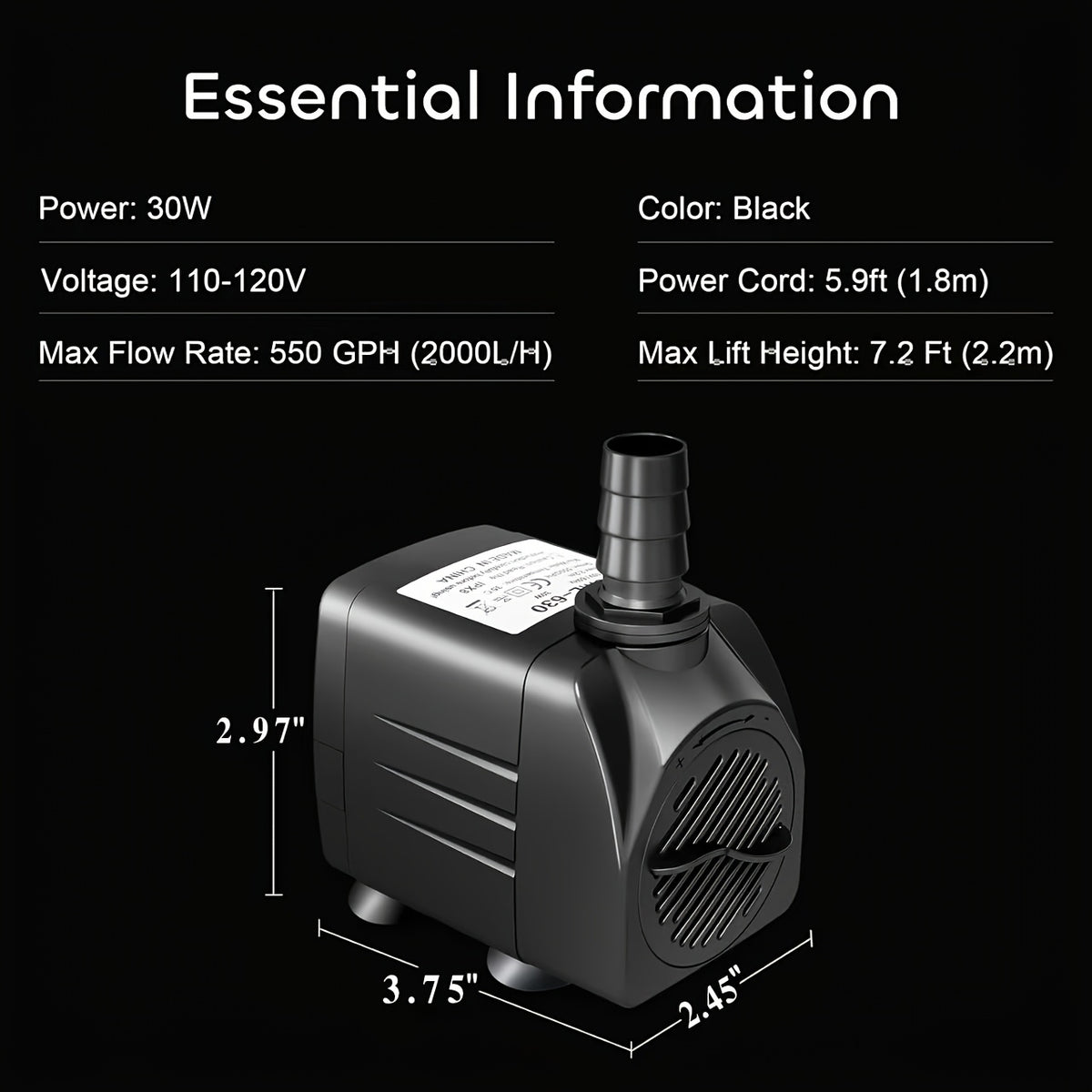 Submersible Water Pump 30W with 3 Nozzle Adapters, Adjustable Flow Black Aquarium and Fountain Pump for Fish Tanks, Ponds and Hydroponic Setups