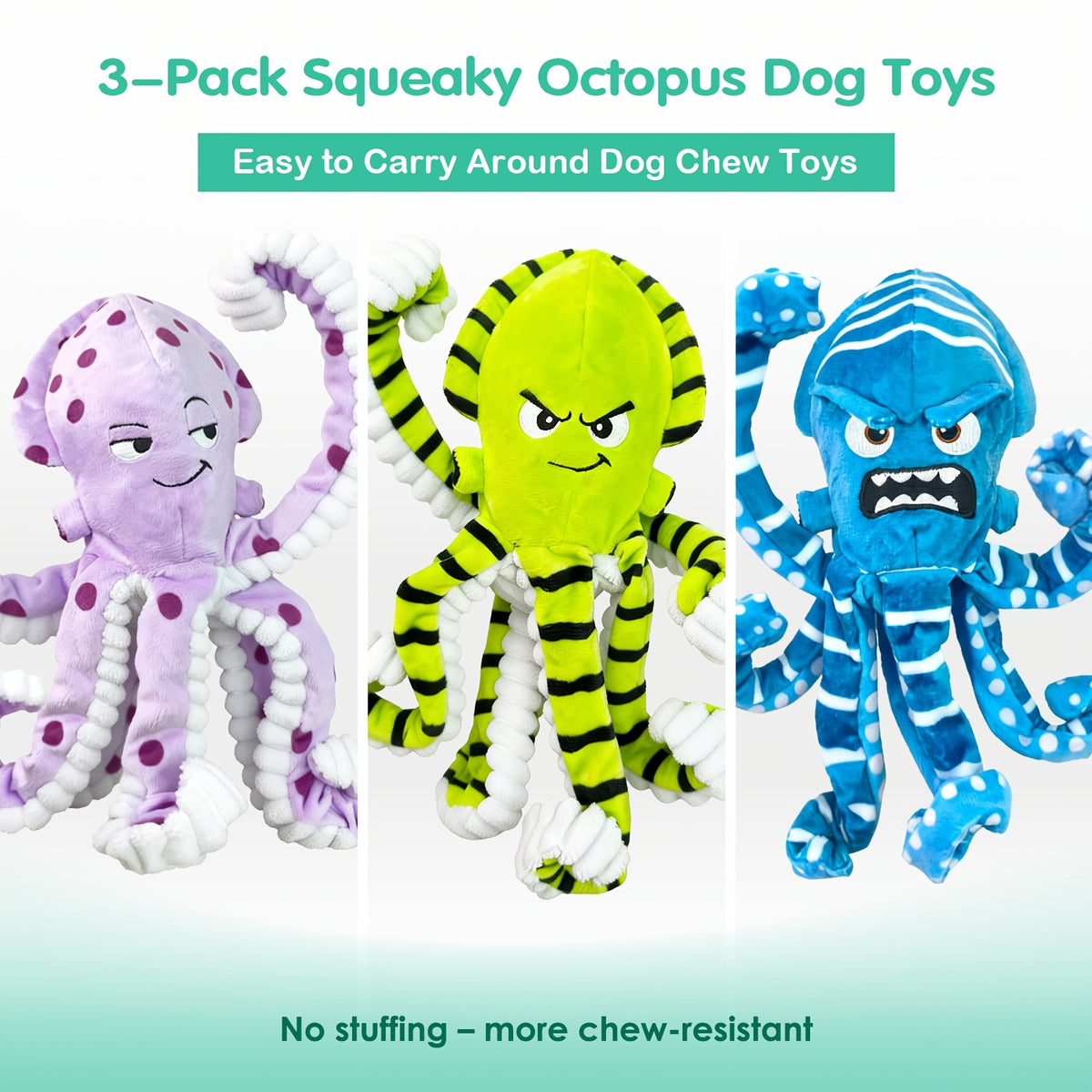 Octopus Dog Toys 3 Pack, Soft Plush Sound-Making Toy Set for Small, Medium and Large Dogs, Interactive Gentle Tug and Indoor Play