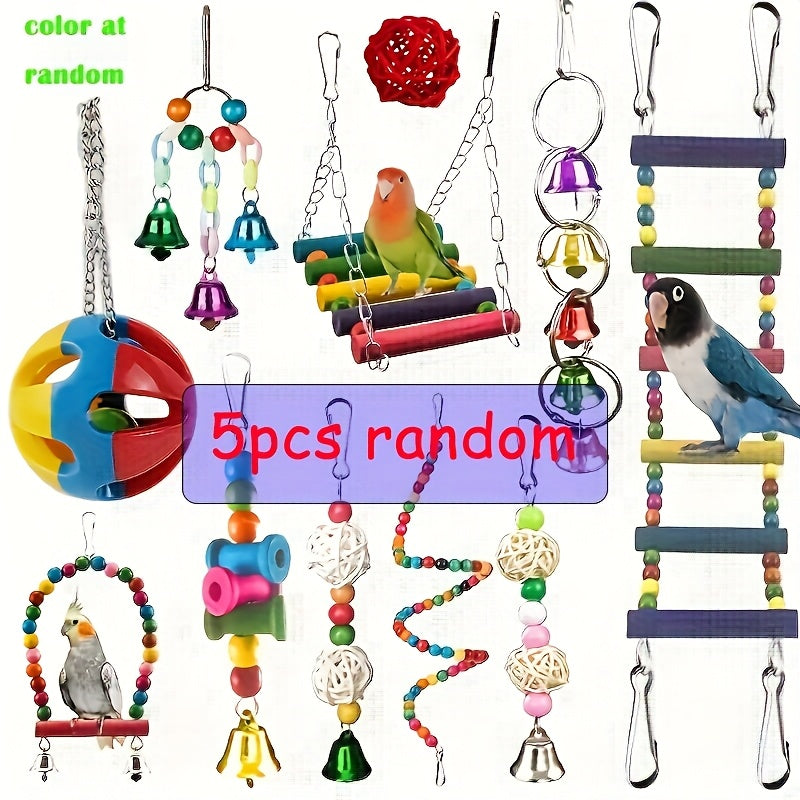 Bird Swing and Climbing Toys, 5-Piece Random Cage Assortment with Hammock and Ladder Styles for Budgies, Parakeets, Cockatiels and Conures