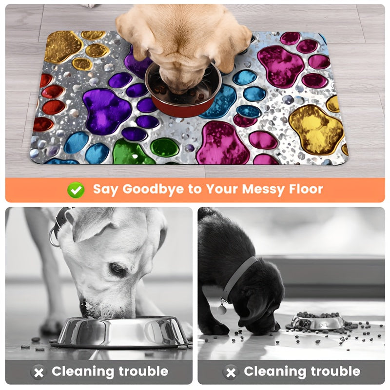 Absorbent Pet Feeding Mat with Colorful Paw Pattern, Quick-Drying Non-Slip Food and Water Bowl Pad for Dogs, Cats and Multi-Pet Homes