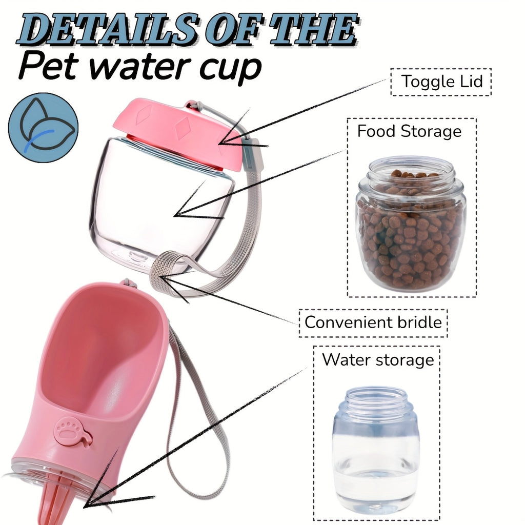 Dog Water Bottle with Food Container, 20 oz Portable 2-in-1 Plastic Pet Travel Dispenser in Pink for Outdoor Walks, Hiking and Road Trips