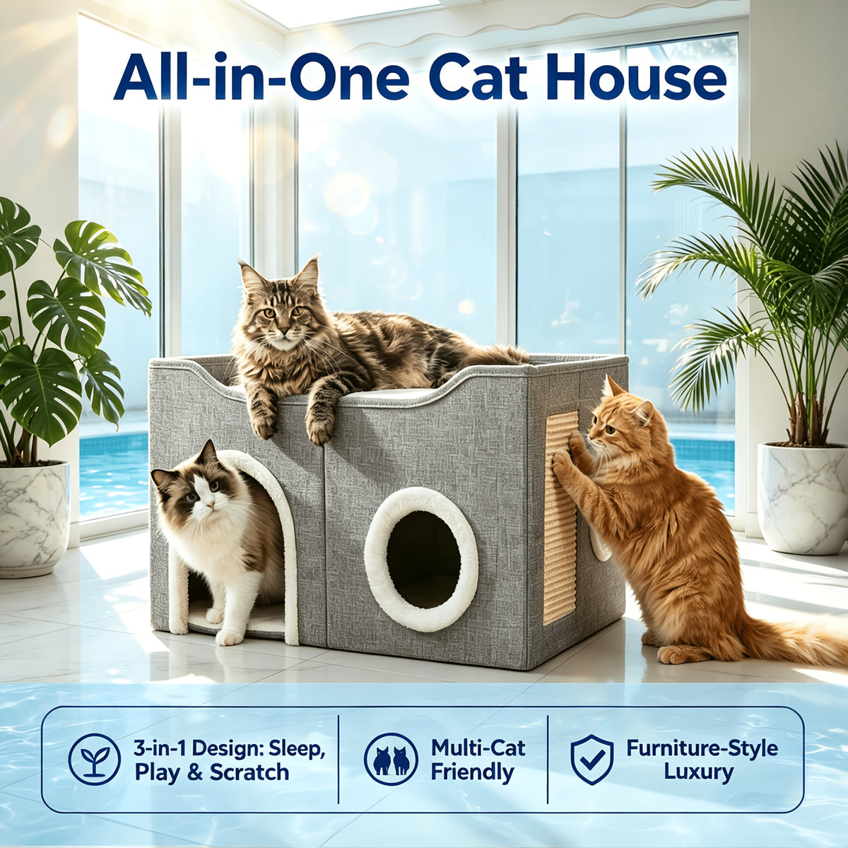 Foldable Cat House with Double-Layer Enclosed Bed and Sisal Scratching Feature, Grey Indoor Cat Hideaway with Multiple Openings for Small Spaces