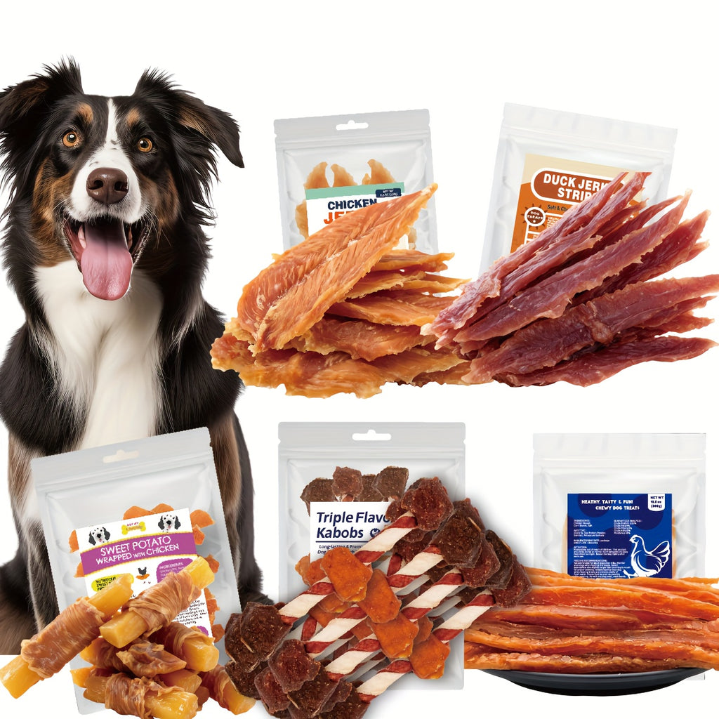 Dog Treats with Chicken Jerky, Duck Strips, Sweet Potato Wraps or Triple Flavored Kabobs, Selectable Snack Packs for Supervised Rewards