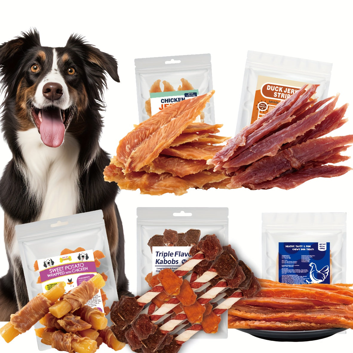 Dog Treats with Chicken Jerky, Duck Strips, Sweet Potato Wraps or Triple Flavored Kabobs, Selectable Snack Packs for Supervised Rewards