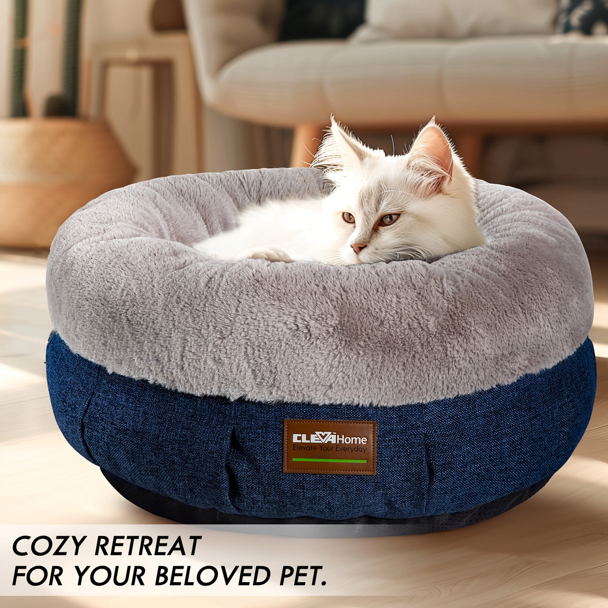 Cat Bed for Indoor Cats, 20 Inch Round Donut Cuddler with Raised Rim, Fluffy Plush Calming Pet Bed with Anti-Slip Bottom, Washable Cozy Bed for Kittens, Puppies and Small Dogs up to 11 lbs