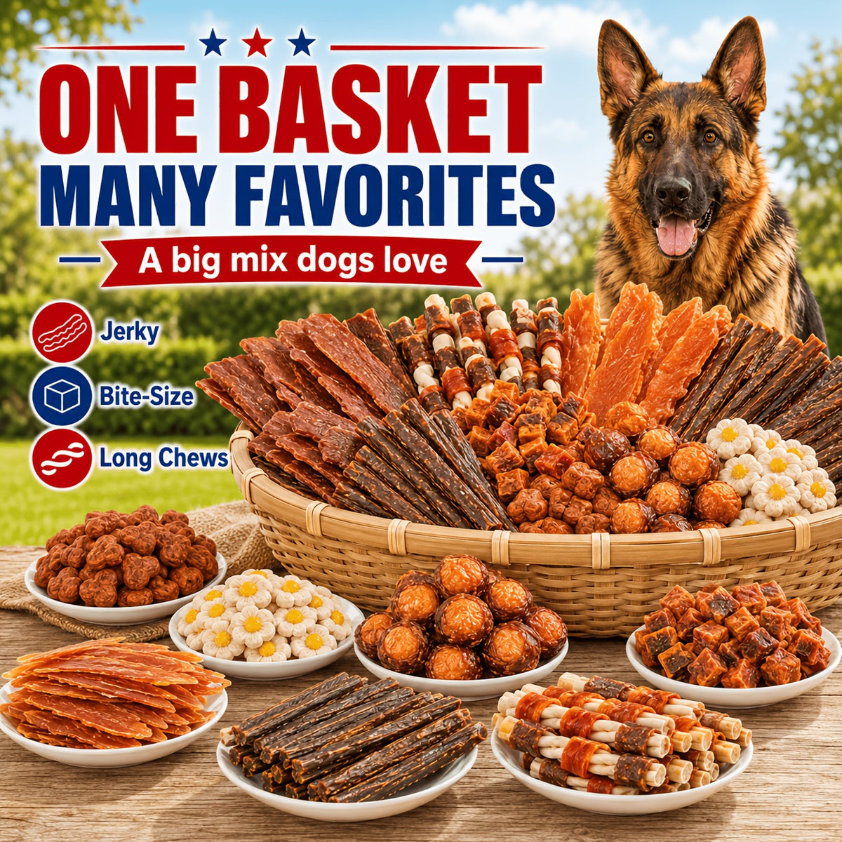 Dog Snack Combo Pack with Chicken-Flavored Milk Bars, Biscuits and Duck Chew Options, Assorted Jerky Treat Packs for Everyday Rewards
