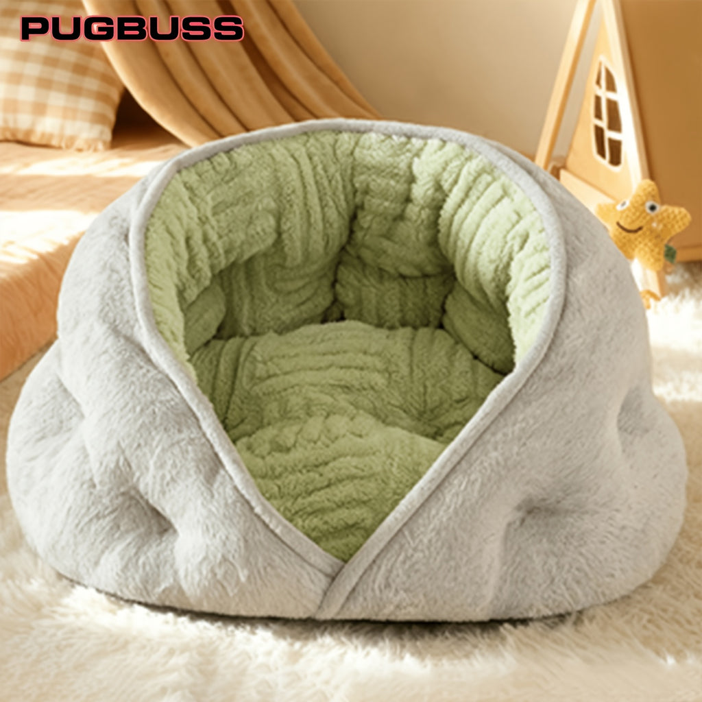Wrap-Around Cat Bed in Green, Soft Fluffy Faux Fur Sleeping Cushion with Long Plush Texture for Cozy Indoor Lounging, Medium and Large Sizes