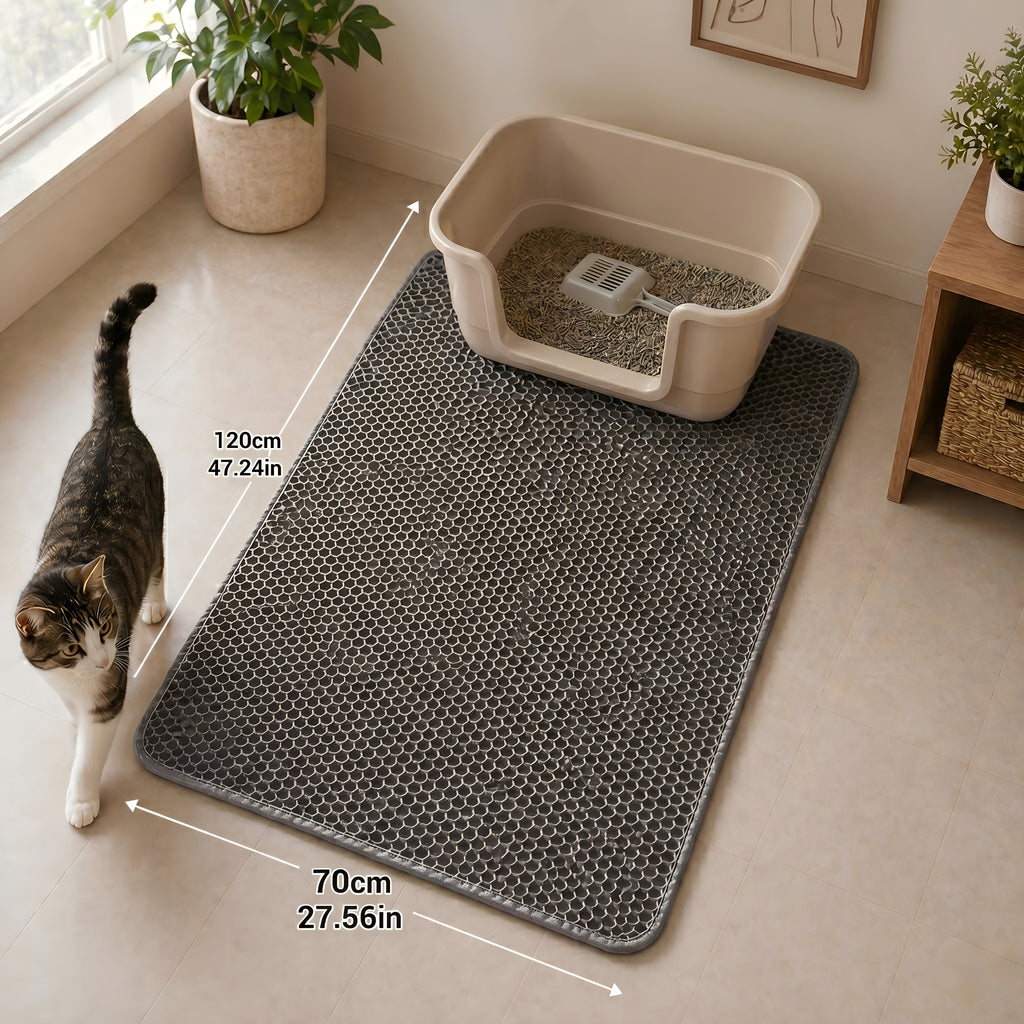 Honeycomb Litter Mat for Cats, Extra Large 27.6 x 47.2 Inch Gray Double-Layer EVA Litter Catcher with Non-Slip Design for Multi-Cat Homes