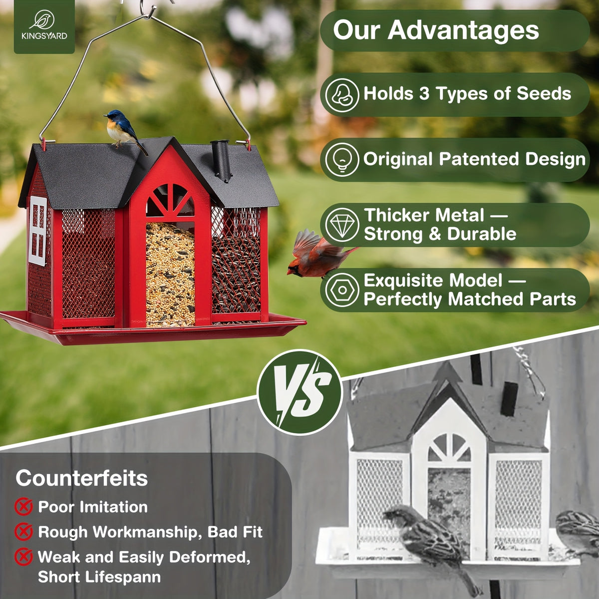 Outdoor Bird Feeder House with Triple Feeding Areas, Metal Mesh Wild Bird Seed Feeder for Finches, Cardinals and Chickadees, Five Color Options