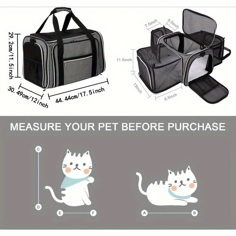Expandable Cat Carrier Backpack with 3-Sided Expansion and 5-Sided Ventilation, Soft-Sided Foldable Pet Travel Bag with Plush Fleece Pad