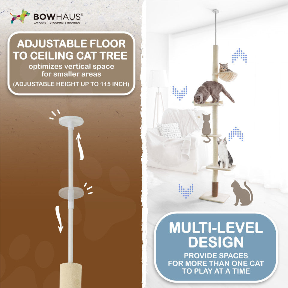 Floor to Ceiling Cat Tree with Hammock, Adjustable Cactus Cat Tower with Sisal Scratching Post, Faux-Fur Platforms and Interactive Playball for Indoor Cats