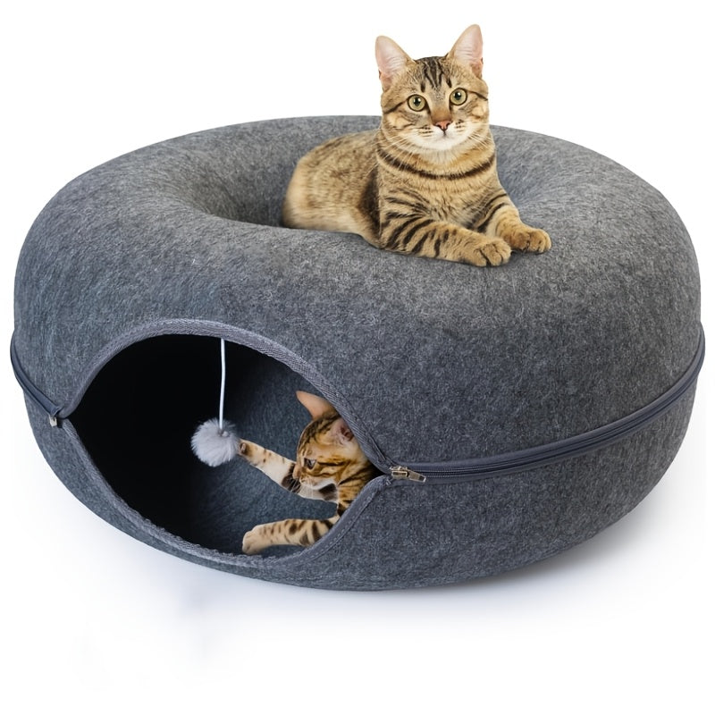 Donut Cat Tunnel Bed for Indoor Cats, Round Hideaway Nest with Pom-Pom Toys, 20 or 24 Inch Cat Cave in Light Gray or Dark Gray