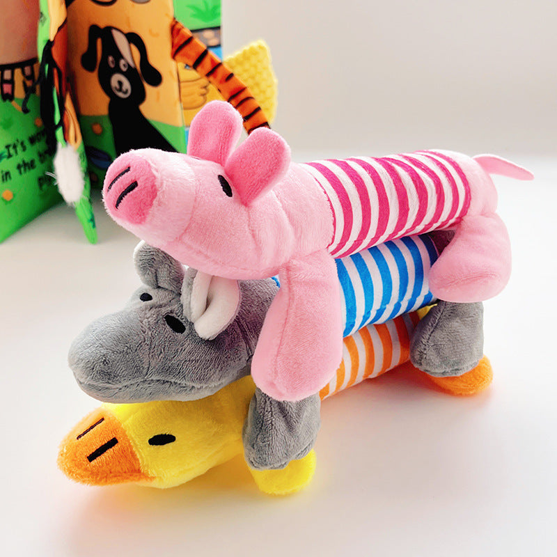Squeaky Dog Toys with Striped Plush Design, 3 Pack 7.5 Inch Soft Stuffed Animal Toys in Assorted Colors for Small and Medium Dogs, Supervised Gentle Play