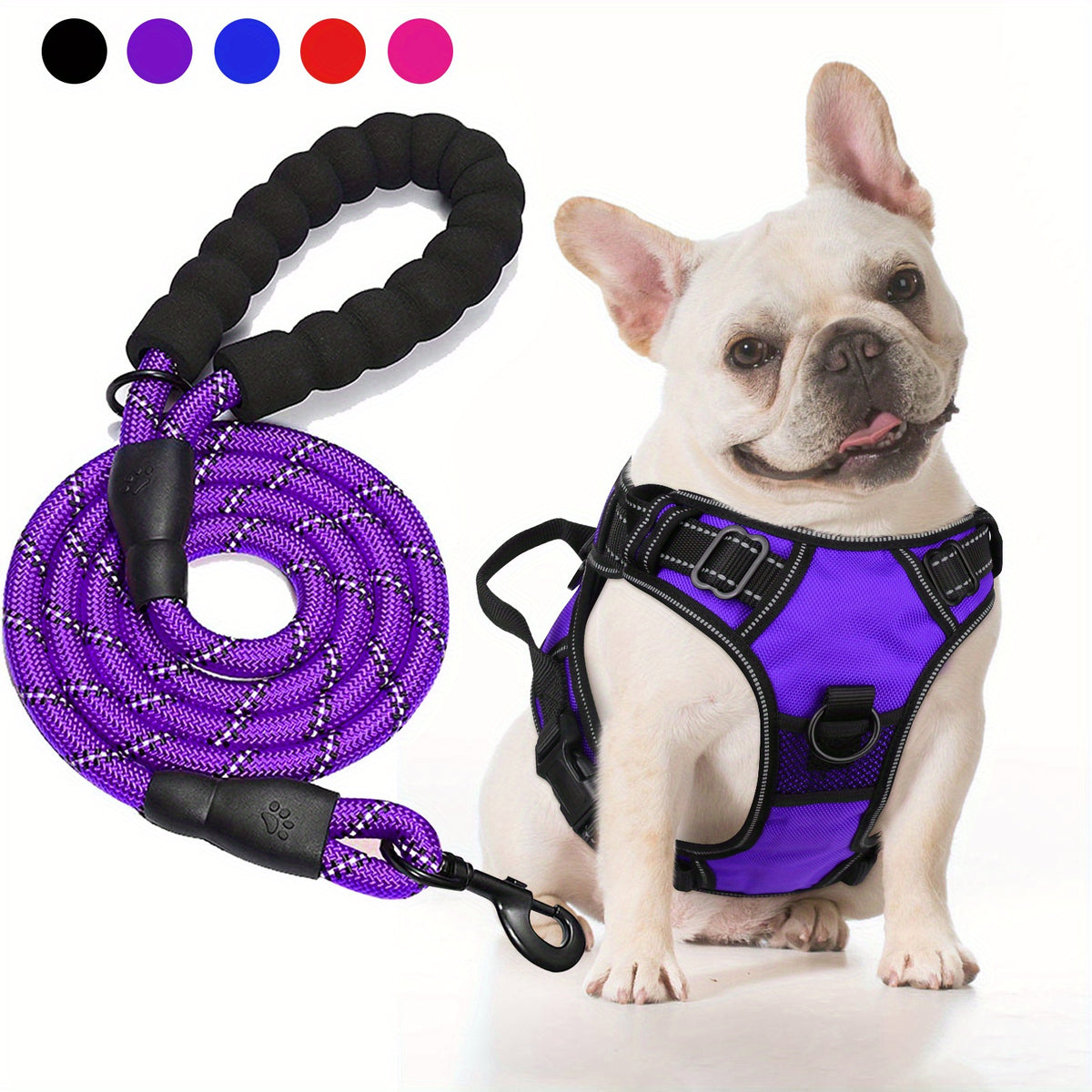Oxford Dog Harness and Rope Leash Set, Adjustable Reflective Mesh-Padded Walking Vest with Four Fit Points and 5-Foot Padded-Handle Lead, S to XL