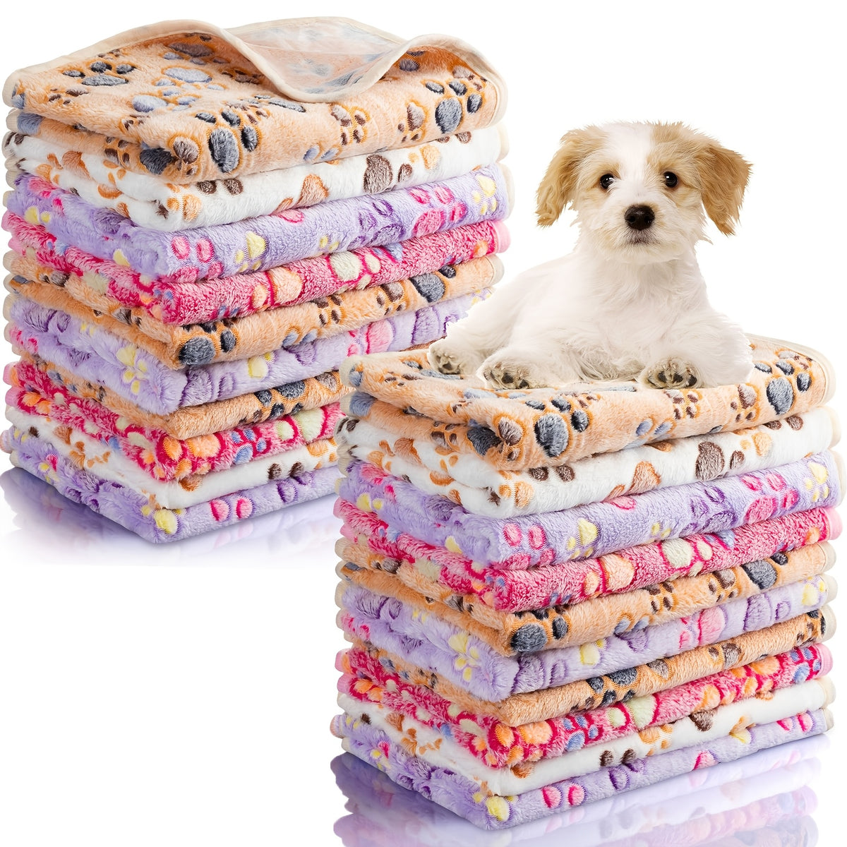 Fleece Pet Blankets 40 Pack, Washable Paw Print Throws for Small Dogs, Puppies, Cats and Kittens, Soft 24 x 16 Inch Bedding in 4 Colors