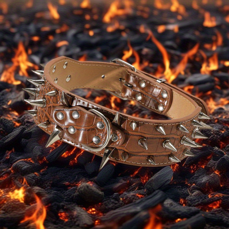 Spiked Dog Collar 2 Inch Wide with Adjustable Buckle, Leather-Like Statement Collar for Medium and Large Dogs, Four Colors in M to XXL Sizes