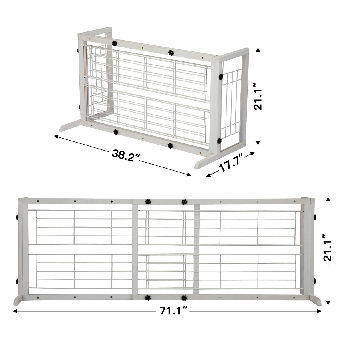 Wood Dog Gate with Sliding Width Adjustment, 38–71 Inch Freestanding Pinewood Pet Barrier with Wide Support Base for Indoor Doorways and Hallways