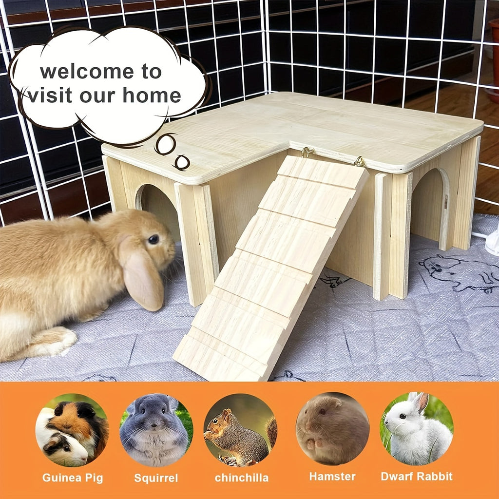Guinea Pig Castle Hideout with Multiple Chambers and Ladder, Wooden Small Animal House for Habitat Exploration and Rest, 11.8 x 11.8 x 6.41 Inches