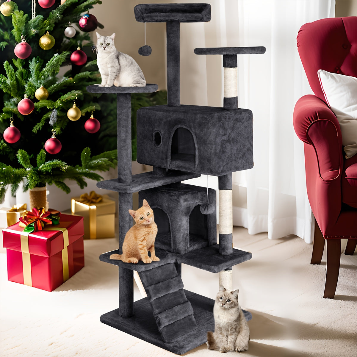 Cat Tree 54 Inch in Dark Gray, Multi-Level Indoor Cat Tower with Scratching Posts, Condo Hideaway and Play Toys for Climbing, Rest and Daily Activity