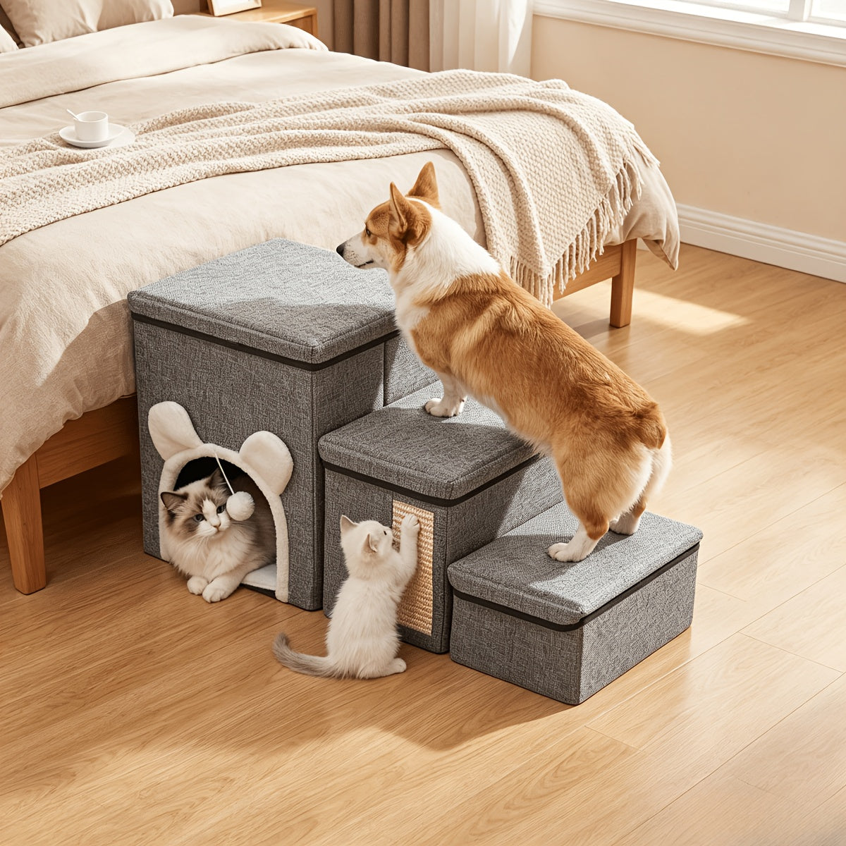 Pet Stairs with Storage for Bed and Sofa, Soft Cushioned Non-Slip Dog and Cat Steps in 2, 3 or 4 Tiers with Side Pocket or Grab Bar Style Options