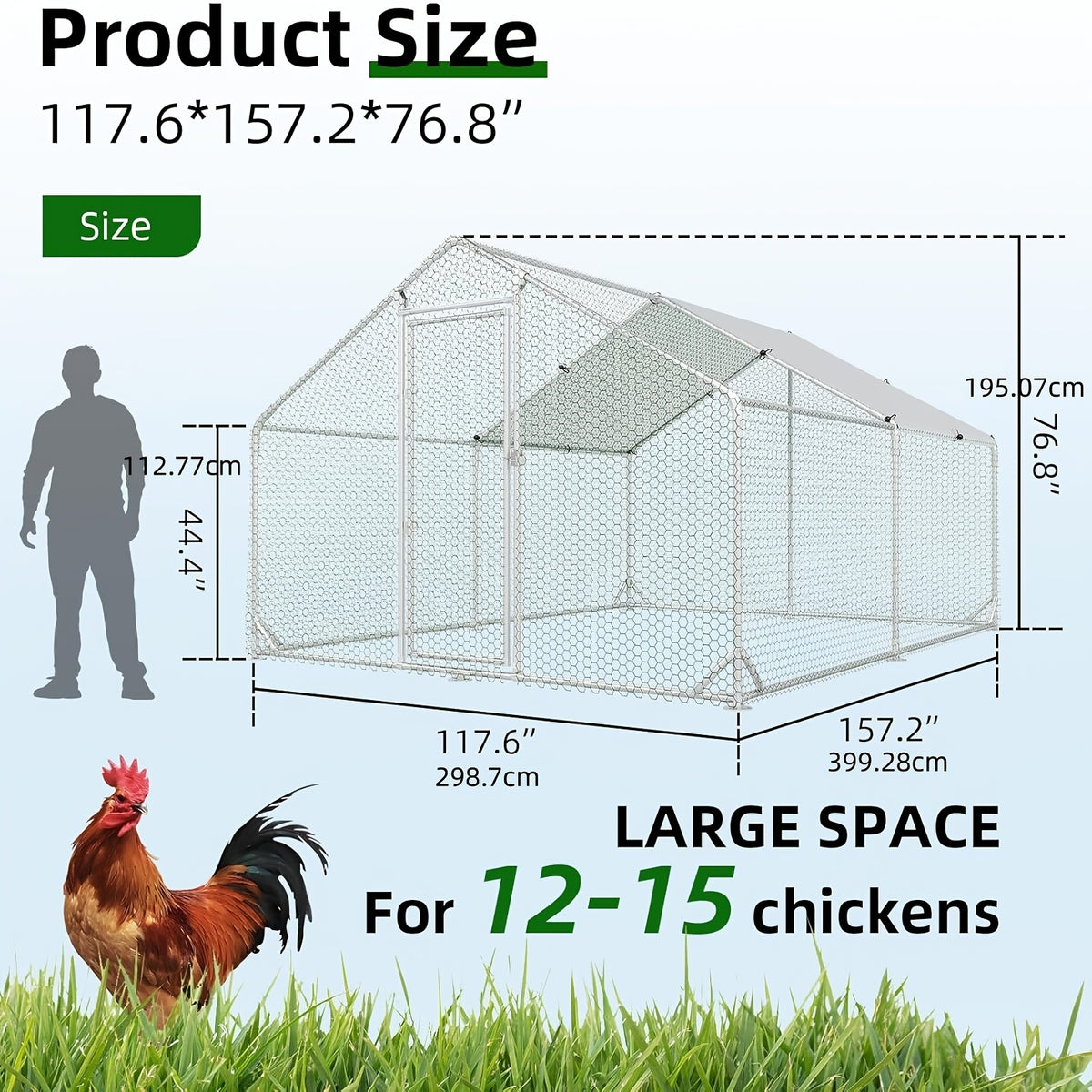 Chicken Run with UV Cover, Metal Walk-In Poultry Enclosure with Door for Backyard Hens, Outdoor Flock Care and Garden Setups, Three Size Options