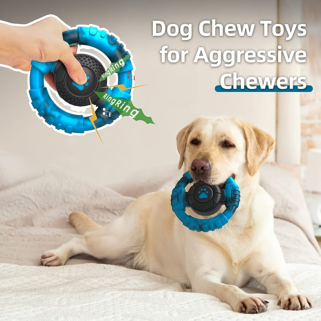Steering Wheel Dog Chew Toy with Squeaker, Textured Rubber Ring for Large Dogs, Blue or Purple Interactive Fetch Toy for Supervised Play